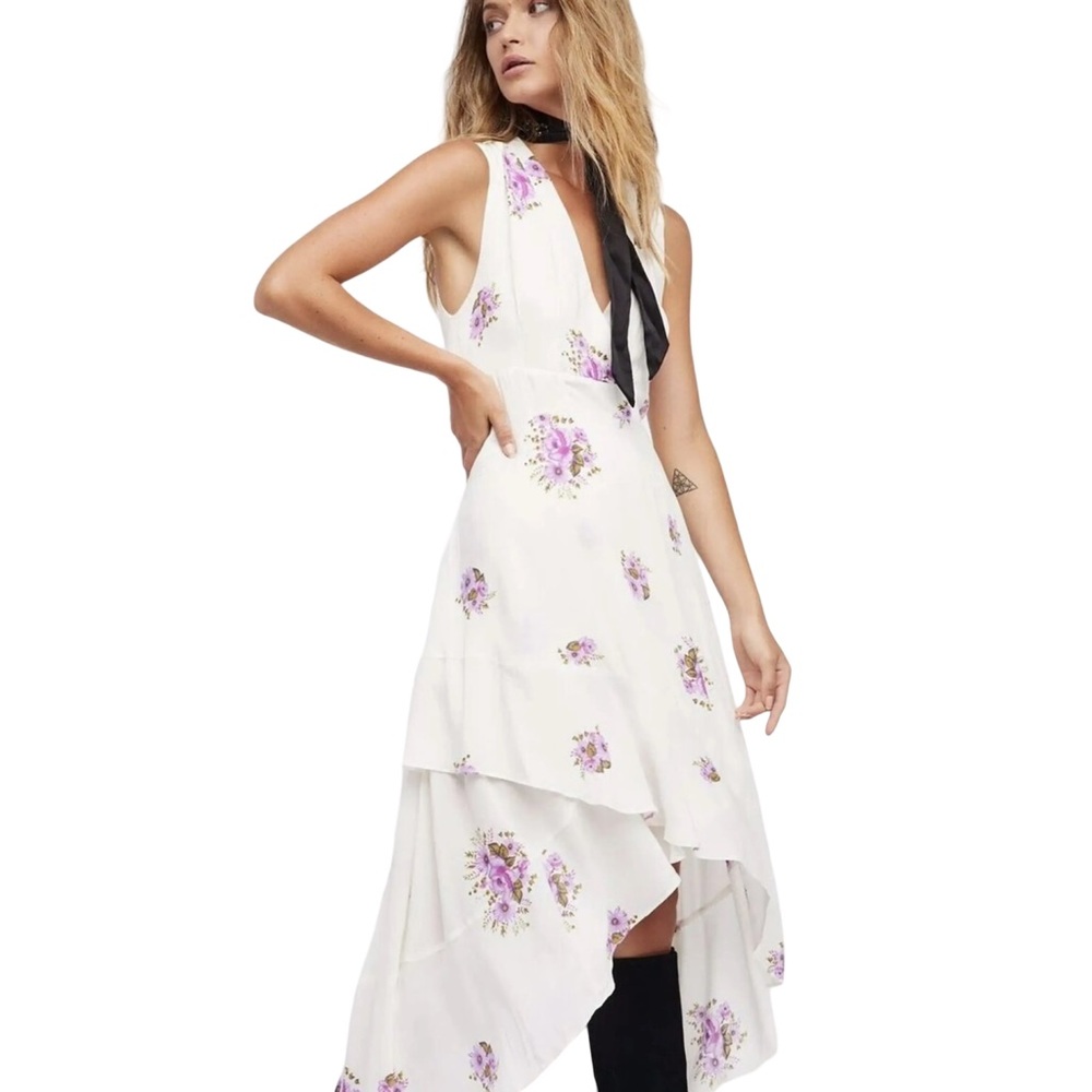 Free People White Floral High-Low Dress with Lavender Print